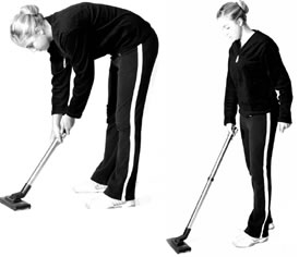 Incorrect bending versus upright posture vacuuming