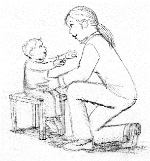 Proper kneeling technique when interacting with seated child