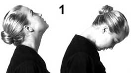 Woman demonstrating active neck extension and flexion stretch exercise